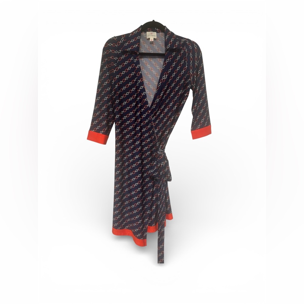 JB by Julie Brown Navy and Red Geometric wrap dress